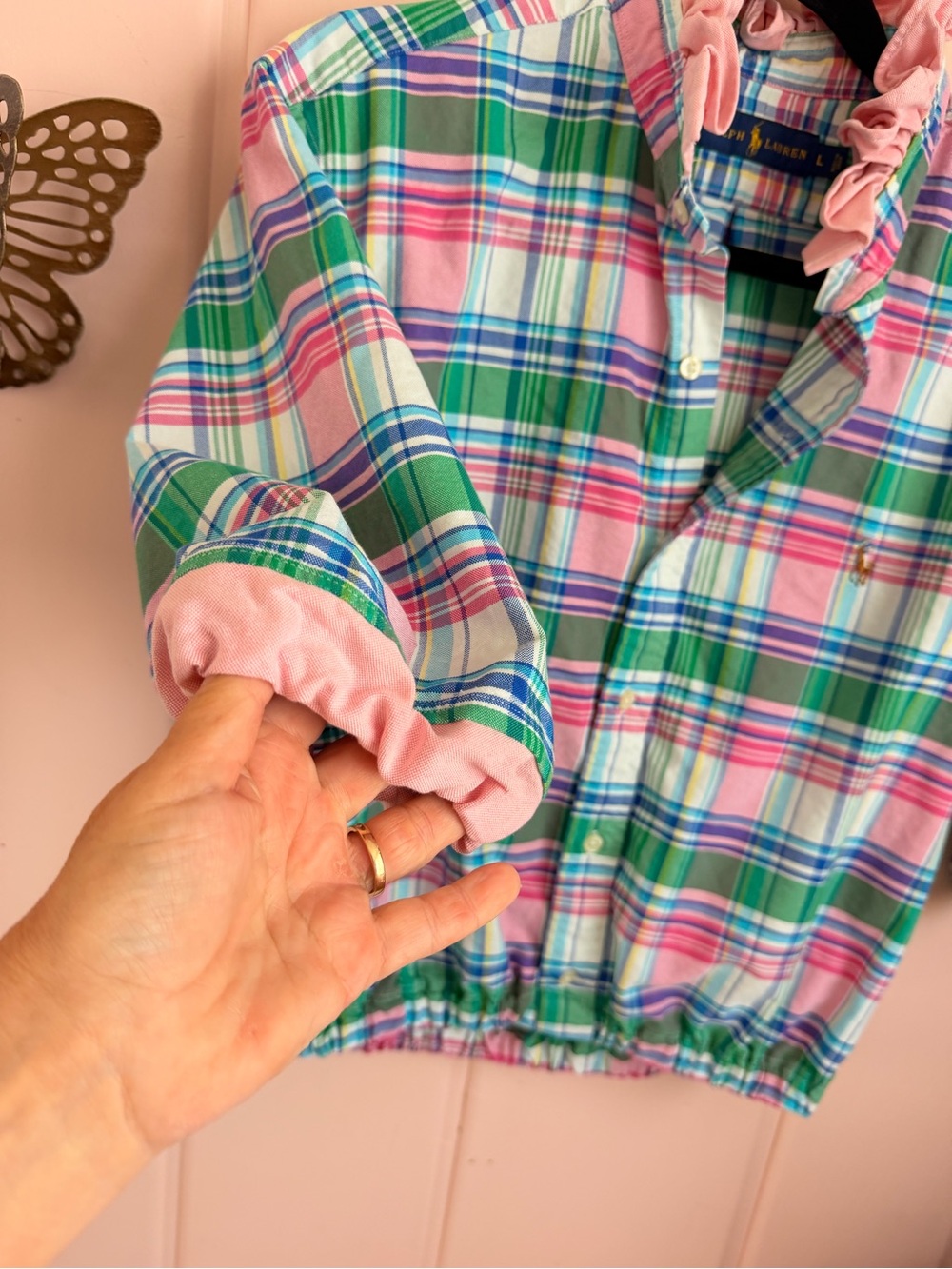 Ralph Lauren upcycled Pink Green Blue Plaid Ruffle-Collar Button-Front Top - Picture 4 of 5